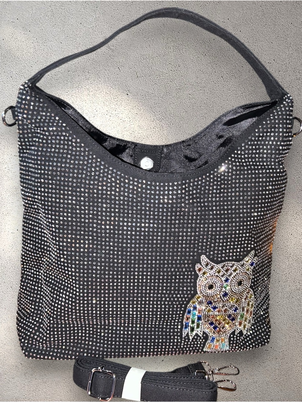 Crystal-Embellished Black Shoulder Bag with Jeweled Owl Accent